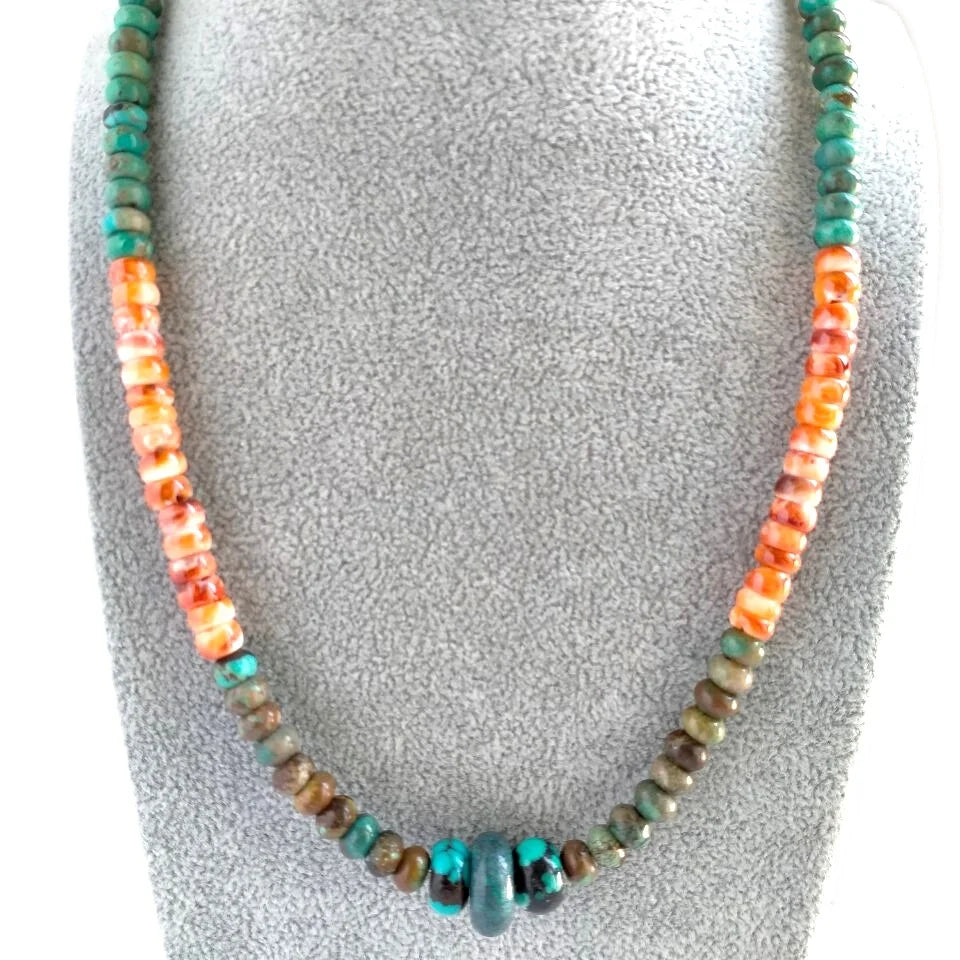 Graduated Spiny Oyster with Turquoise Beads Necklace Orange and White Spiny