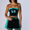 Custom Logo Embroidered Tube Top and Short Set Street Wear Sporty Skinny Striped Pattern Clothes Summer Sport Wear