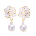 2024 New 18K Gold Plated Freshwater Pearl Stud Earrings White Camellia Beauty Design
