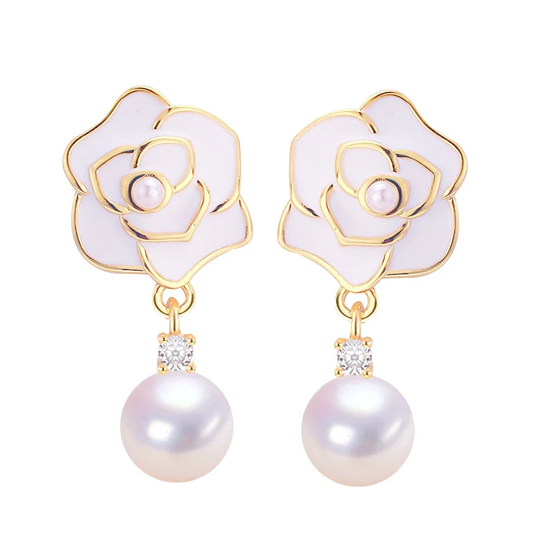 2024 New 18K Gold Plated Freshwater Pearl Stud Earrings White Camellia Beauty Design