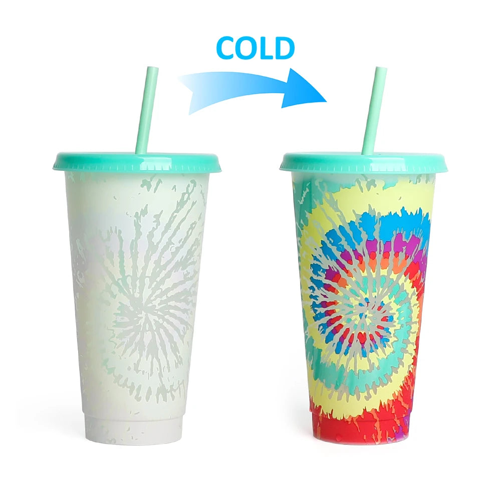 Bpa Free 24OZ Tie Dye Style Cold Creative Cold Coffee Mug Plastic Tumbler Color Changing Cup
