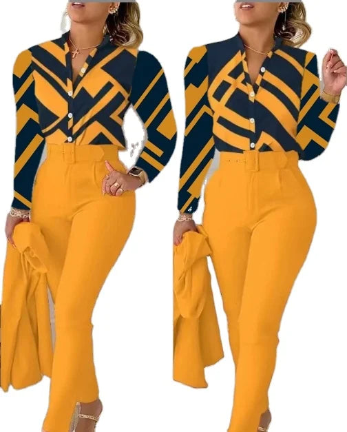 2023 European and American Women's New Fashionable Printed Long Sleeved Top and Solid Color Pants Set