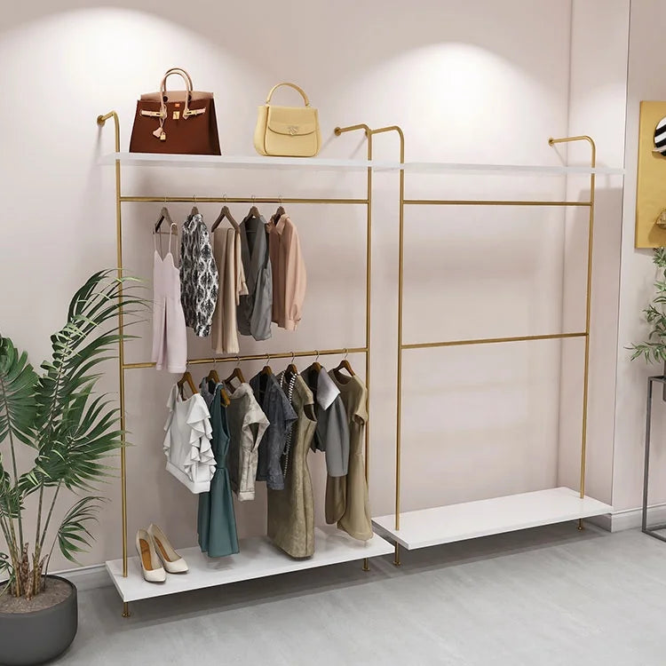 Custom Beautiful Gold Wall Mounted Garment Display Rack Shelf Retail Clothing Shop Interior Layout Design