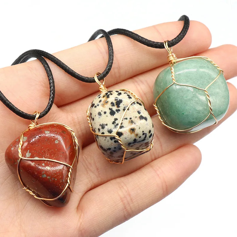 Natural Winding Wire Irregular Pendant Healing Crystal Agate Jade Green Aventurine Amethyst Necklace for Party Gift Jewelry