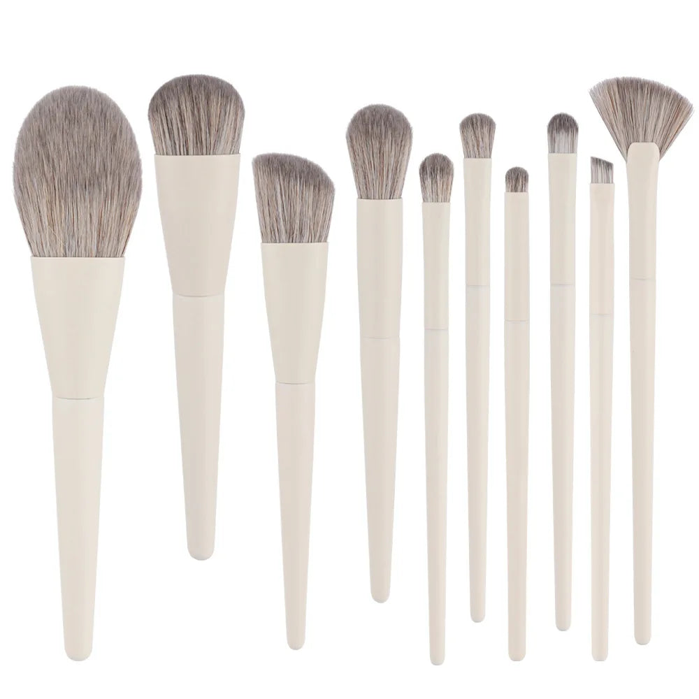 10pcs Synthetic Creamy White Wood Handle Makeup Brush Set with Concealer Eyeliner Eye Shadow & Fan Style for Face