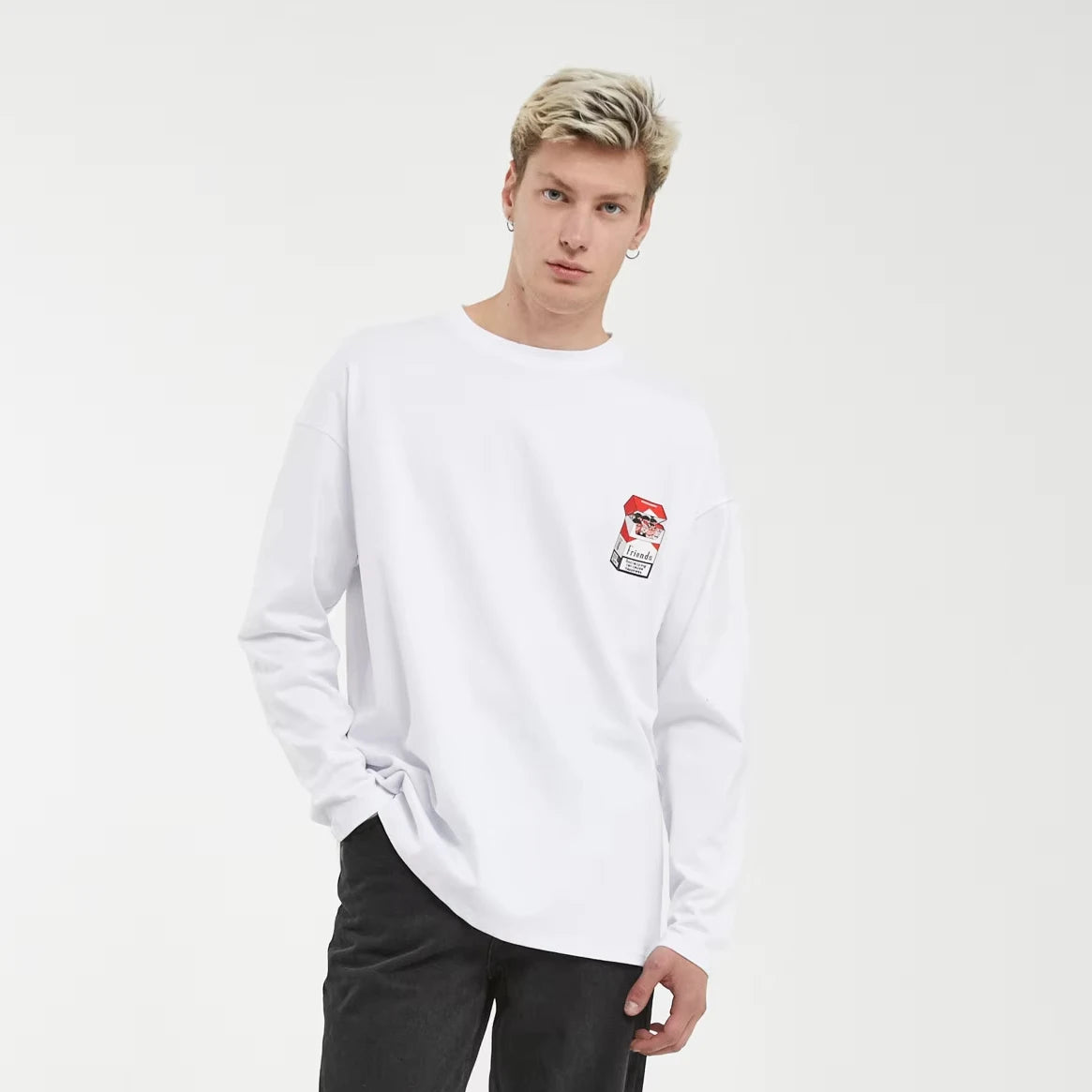 Imperio Shop White Friends Casual Oversize Long Sleeve Men's T-Shirt with Print Pattern Breathable O-Neck