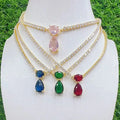 NZ1367 Creative 18k Gold Plated Multicolored Cubic Zirconia CZ Diamond Teardrop Drop Charm Pendant Tennis Chain Choker Necklace