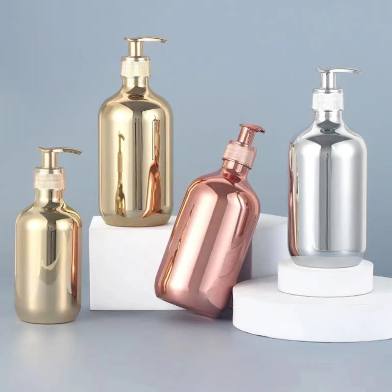 Luxury 300ml 4000ml 500ml PET Electroplating Gold Silver Rose Gold Shampoo Conditioner Bottle Pump Seal Customizable Logo