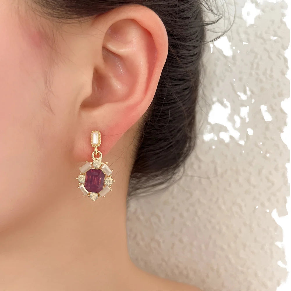 BOXUAN New Fashion Retro Geometric Drop Earrings Gold Zinc Alloy Diamond Rectangle Berry Opal with Rhinestones Vintage Style
