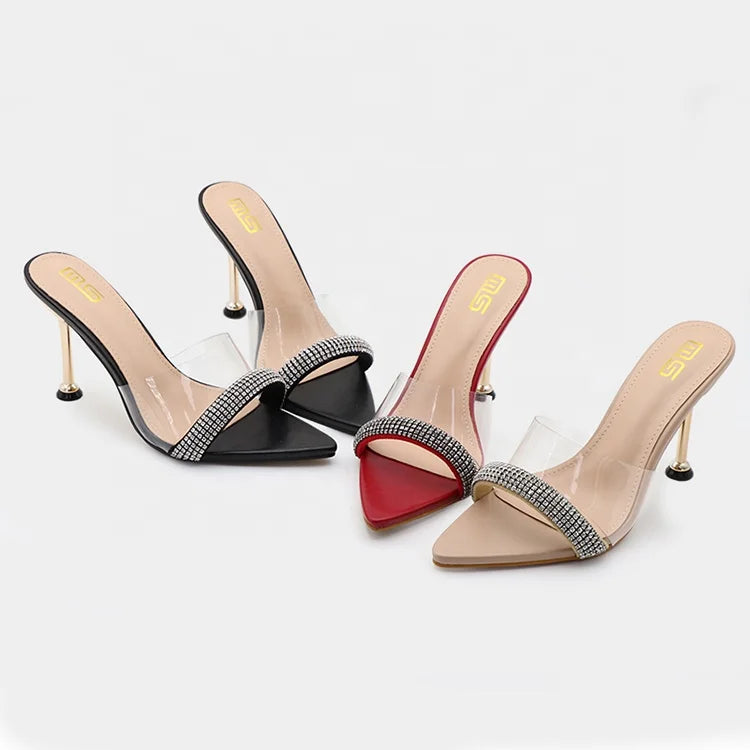 Y Rivet Heel Pointed Head Open Toe Diamond Summer Women's Casual Shoes Slippers Heeled Sandals for Women and Ladies