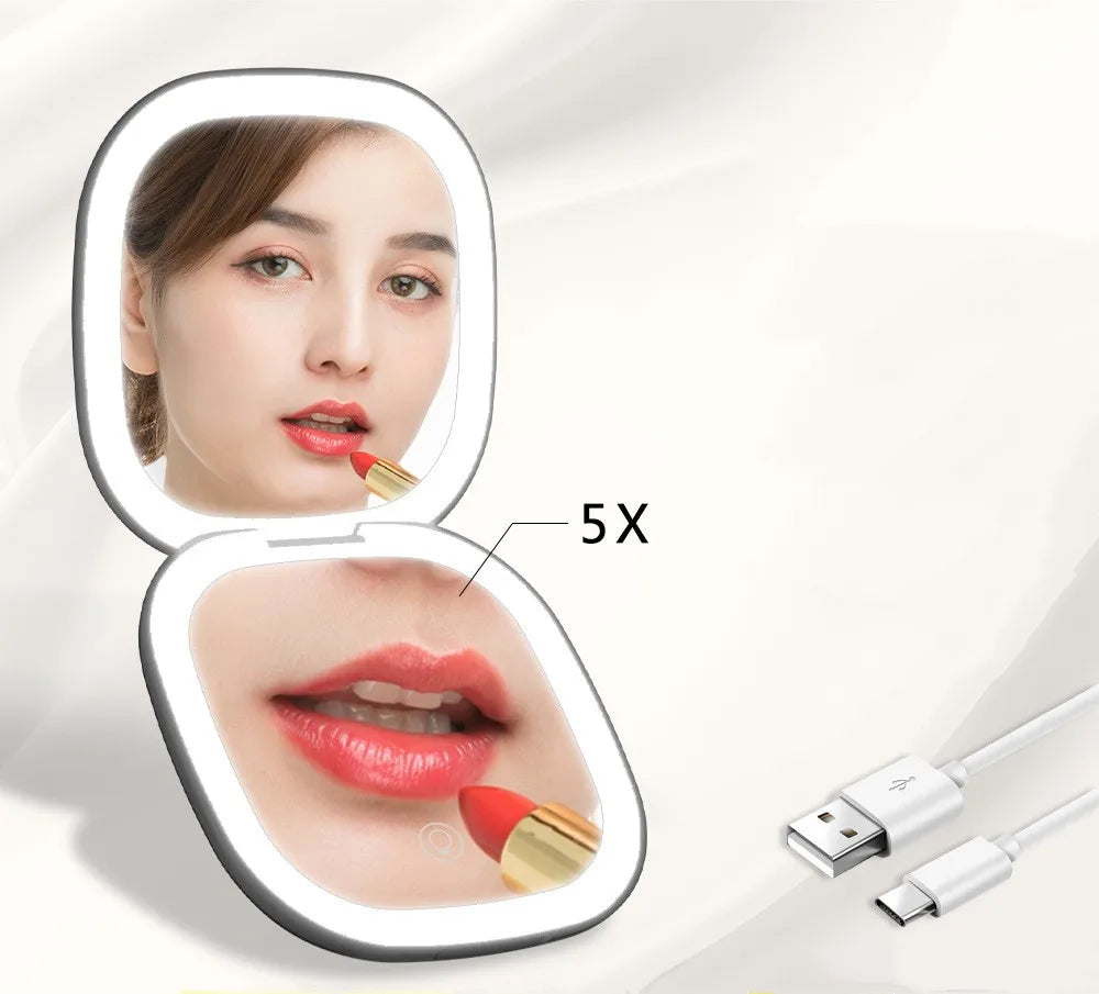New Handheld LED Makeup Mirror with Light Portable Folding Makeup Mirror Rechargeable Hand-held Makeup Mirror