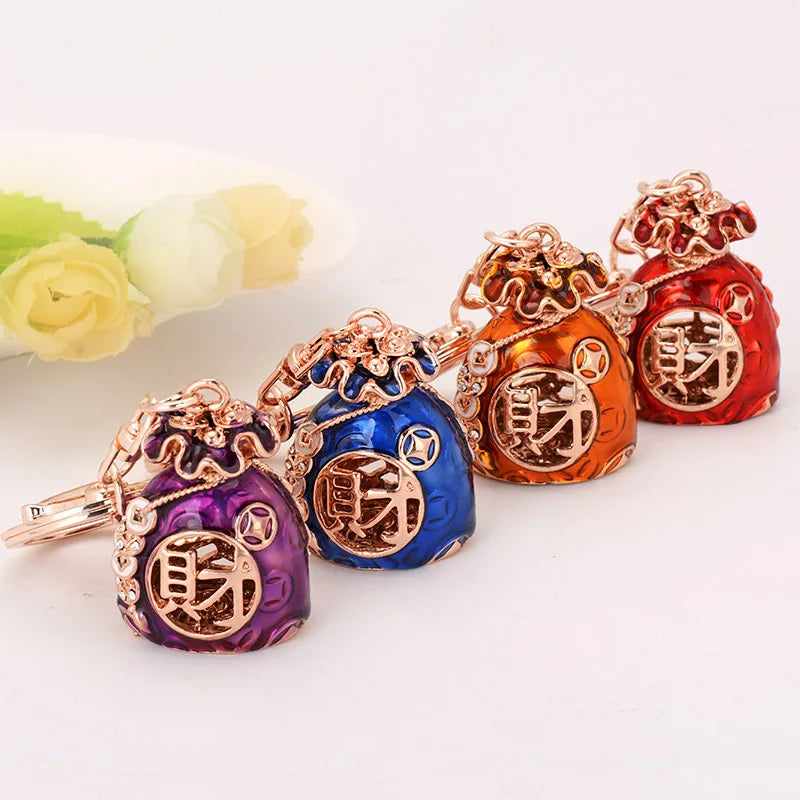 Wholesale New Chinese Kichifuku Bag Key Chain Women Red Blue Enamel Lucky Money Bag Keychain for Gift