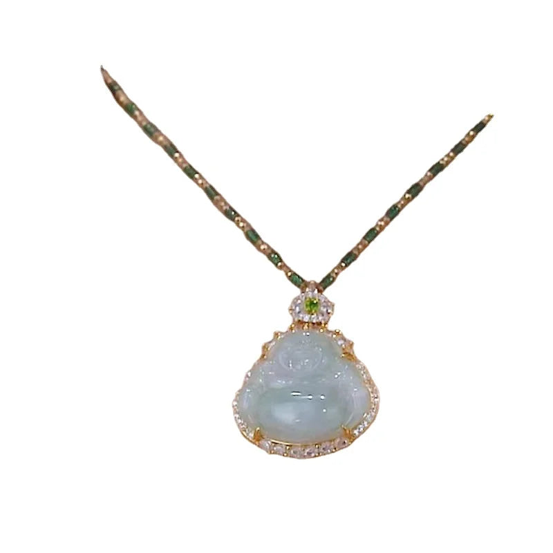 Chinese Style Imitation Hetian Jade Maitreya Buddha Charm Pendant Necklace Imitation Jade Pendant Clavicle Chain Necklace