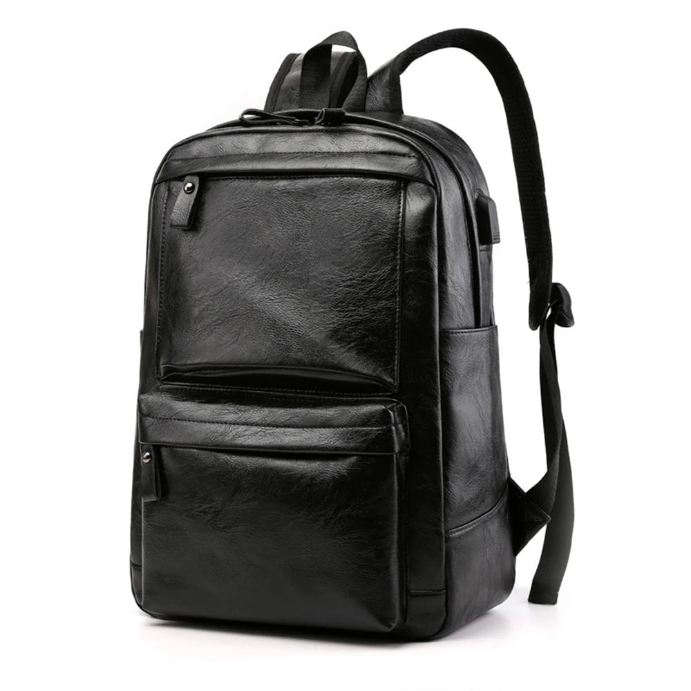 Unisex Custom Logo PU Leather School Backpack with Zipper Closure Fashionable Waterproof College Bag for Men Features USB Port
