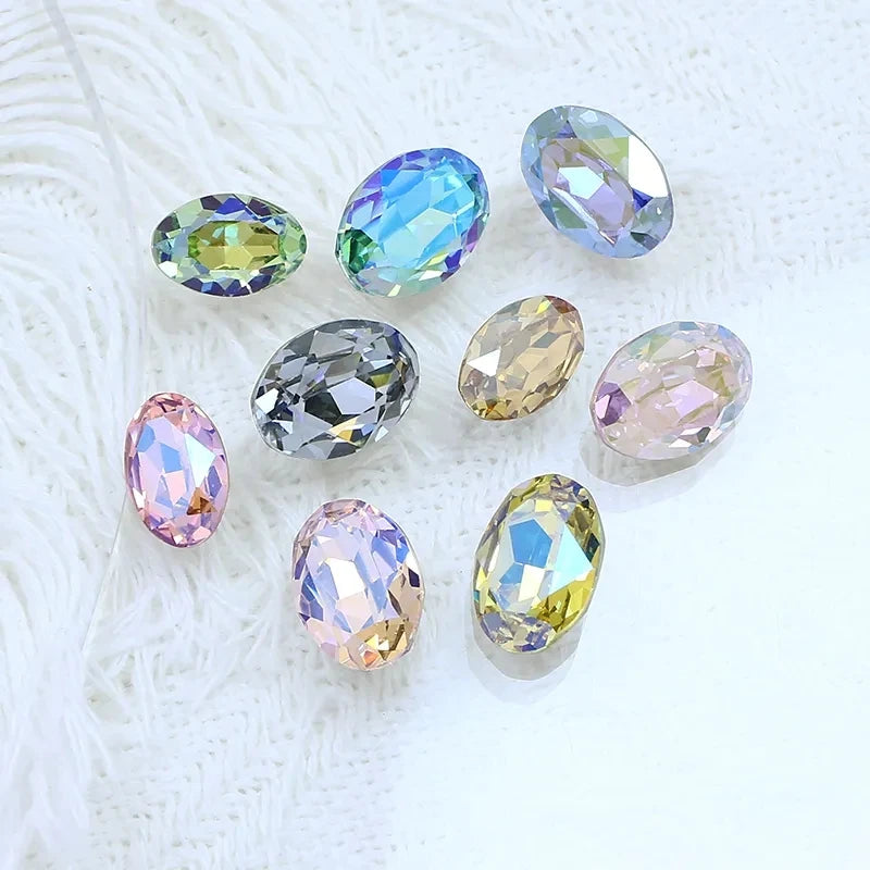 Dongzhou K9 Fancy Stone 12*8MM Oval Shaped Plating Color Glass Rhinestones Wholesale 3D Crystal Beads Jewelry DIY Accessories