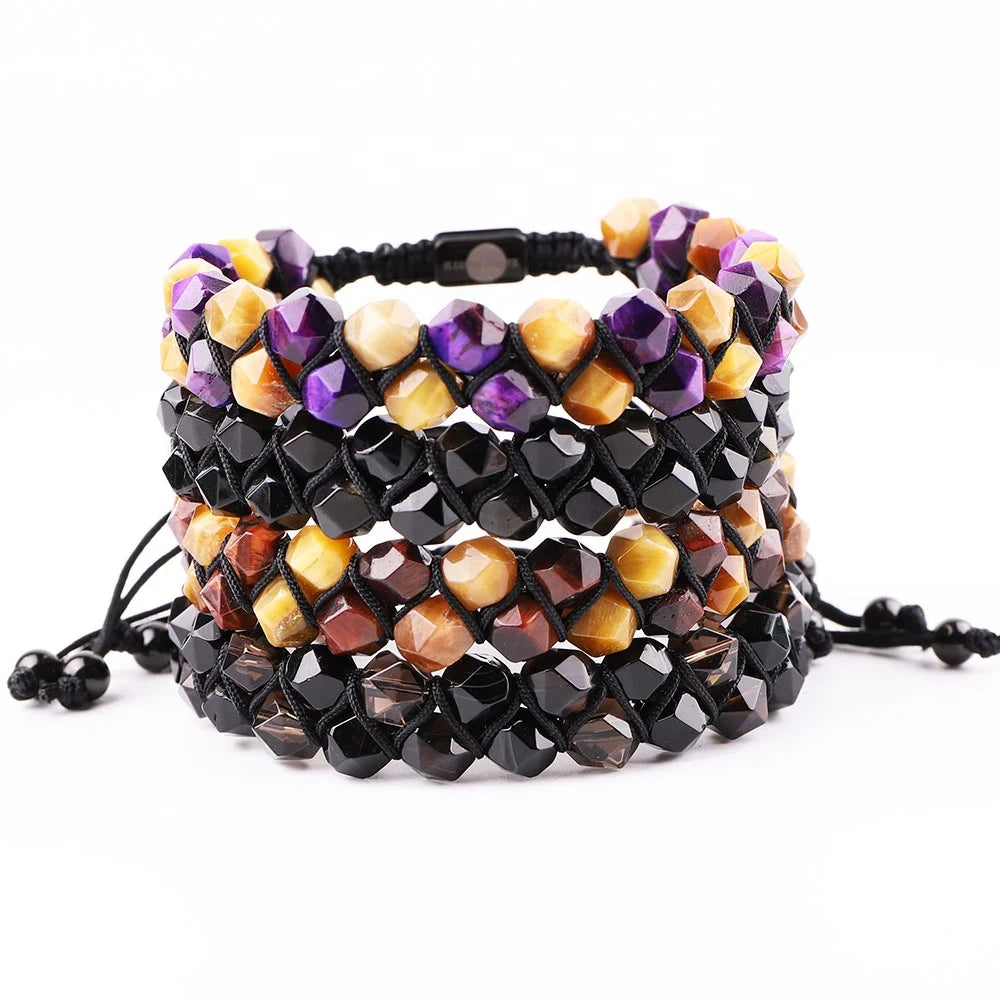 New Fashion Faceted Natural Stone Black Agate Tiger Eye Handmade Double Layers Braided Friendship Bracelet Women Men JBS12495