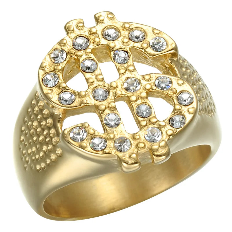 US Dollar Rich Style Men Gold Ring Stainless Steel Gold Plated Cheap Gold Ring Dollar Symbol Hip Hop Jewelry Ring