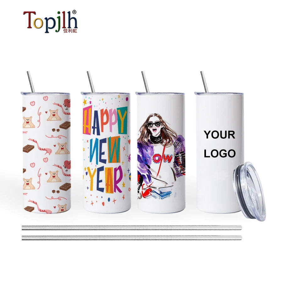 Topjlh Sublimation Blanks Stainless Steel Tumbler 20oz Double Wall Vacuum Straight Skinny Cup Straw Lid for Water Hot Selling