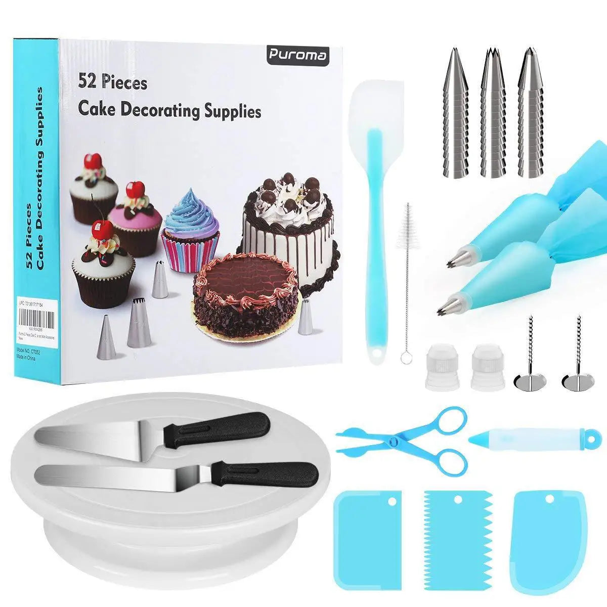 52pcs Cake Baking Nail Decorating Set Turntable Scraper with Plastic Silicone Steel PP Components for Food Packaged in Box