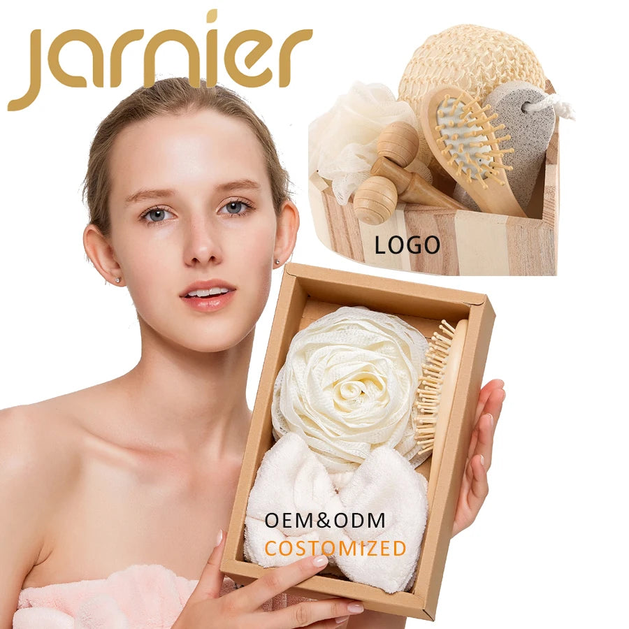 Custom Logo Bath Shower Gift Set with Body Scrubber Exfoliating Glove Facial Cleaning Brush Massager Foot Care Supplements