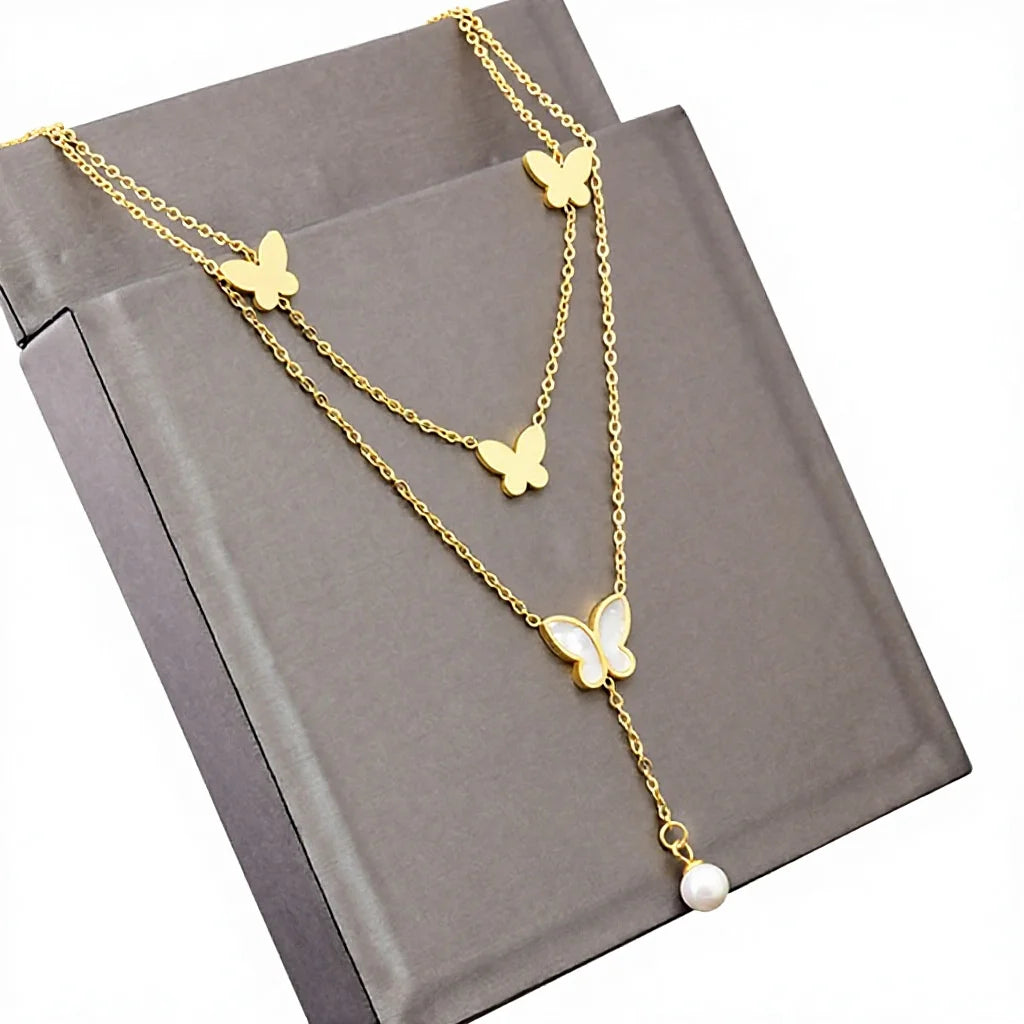 Titanium Steel Gold Plated White Shell Butterfly Link Trendy Women Girls Double Layer Pearl Tassel Charm Choker Necklace New