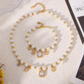 Fashionable Gold-Plated Stainless Steel Retro Jewelry Set Cute Geometric Pearl Gemstone Bracelet Necklace Zircon for Weddings
