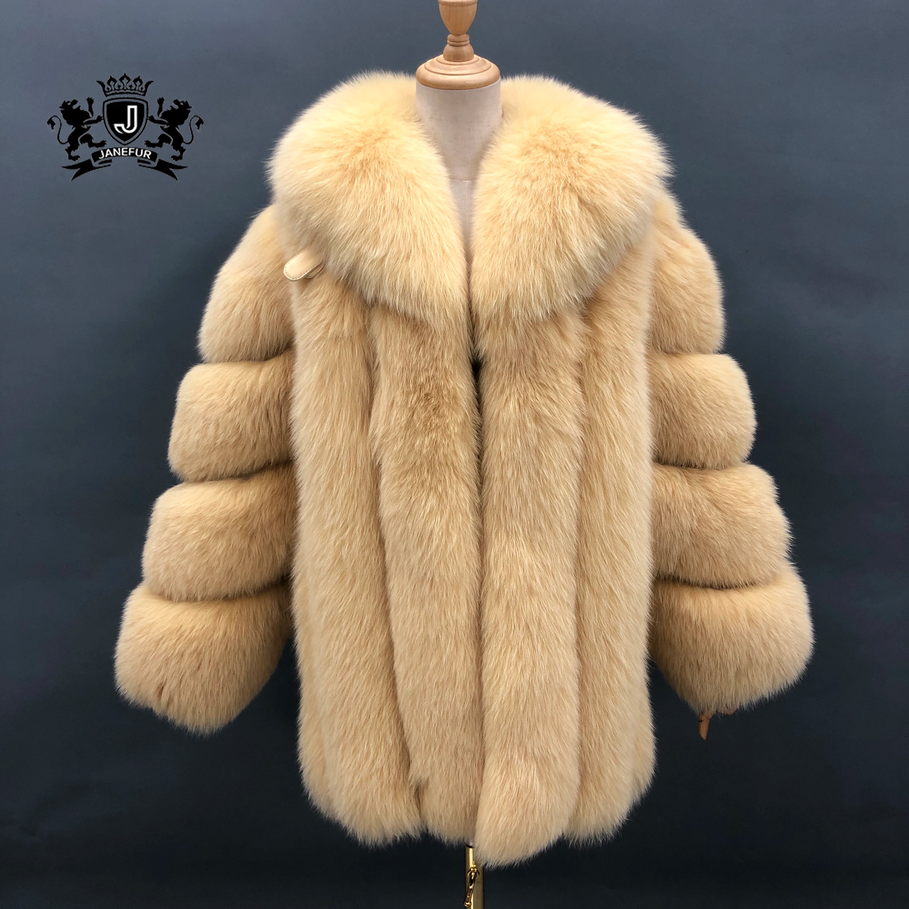 JANEFUR Winter Long Luxury Fox Fur Coat Women Ladies Warm Fashion Design Loose Size Vertical Stripe Genuine Fox Fur Coat