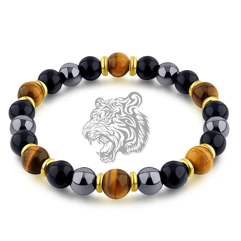 Men's Triple Protection Tiger Eye Healing Fashion Jewelry Bangle Elastic Crystal Gemstone Black Obsidian Hematite Magnetic