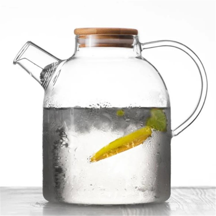 Classic 60 oz 1800ml Stovetop Safe Handblown Custom Glass Tea Pot with Filter and Bamboo Lid  for Coffee and Loose Tea