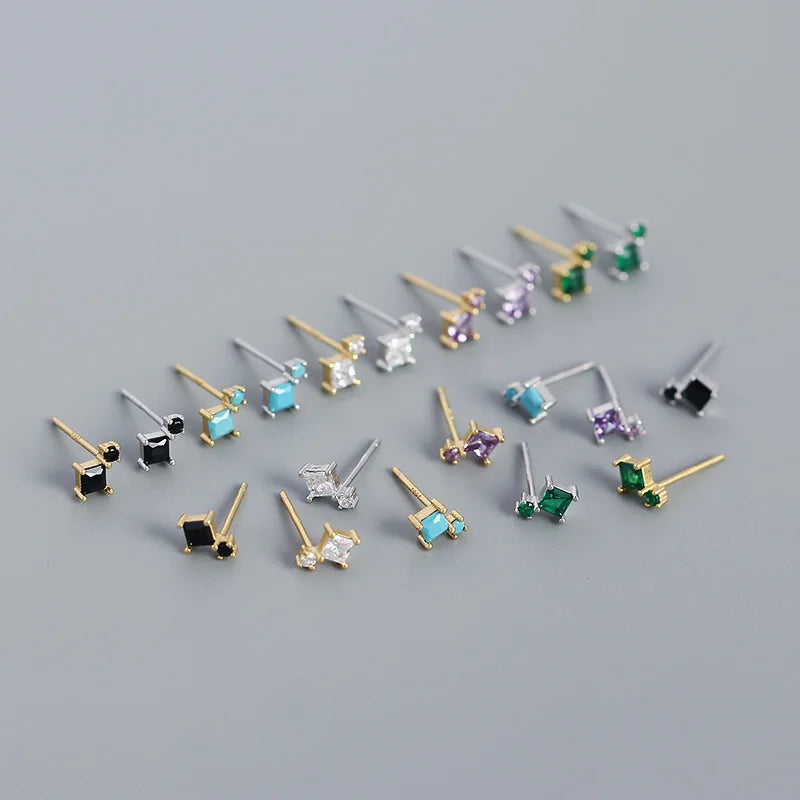Fashion Earring 925 Sterling Silver Minimalist Cute square Shape Tiny Cz Cubic Zirconia Stud Earrings for Women