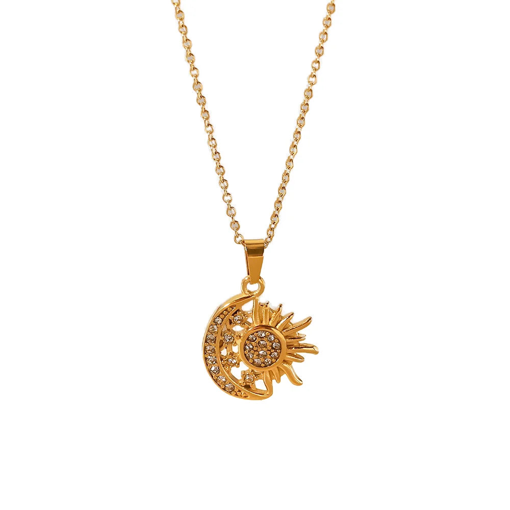 BJG0030N Women's 18K Gold Stainless Steel Sun Pendant Necklace Rhodium & Gold Plated Link Chain Fashion Jewelry