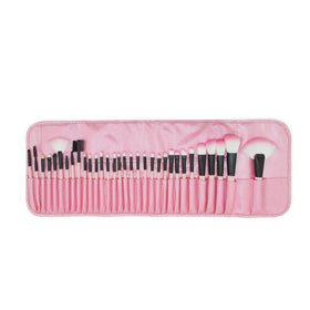 SKylark Pro Complete 32-Piece Durable Face & Eyebrow Pencil Makeup Brush Set with Roll-Up Pouch Nylon Bristles & Wood Handle