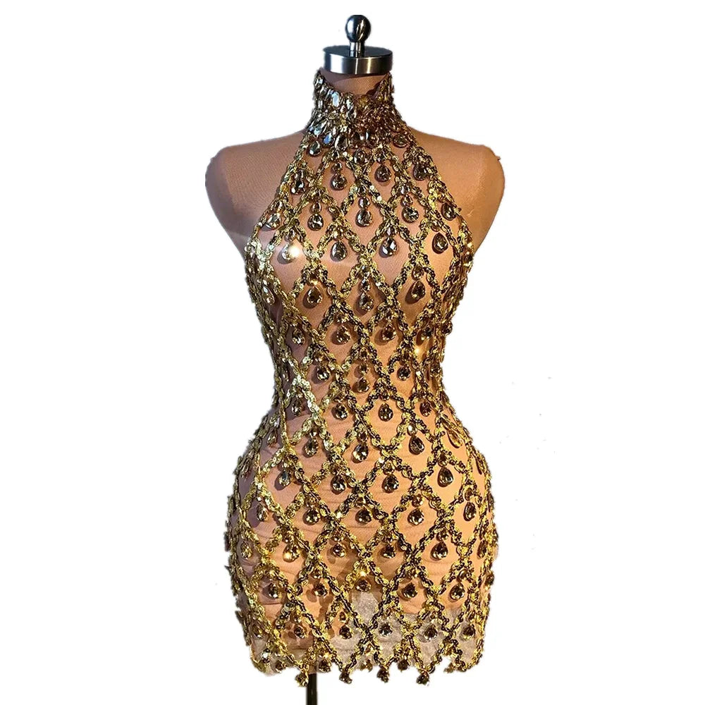 New Shiny See Through Rhinestone Sequins Evening Gowns Banquet Birthday Party Bodycon Dress Women Backless Club Prom Dress