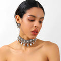 Fashionable Retro Bohemian Style Square Inlaid Rhinestone Women's Pendant Necklace Earring Set