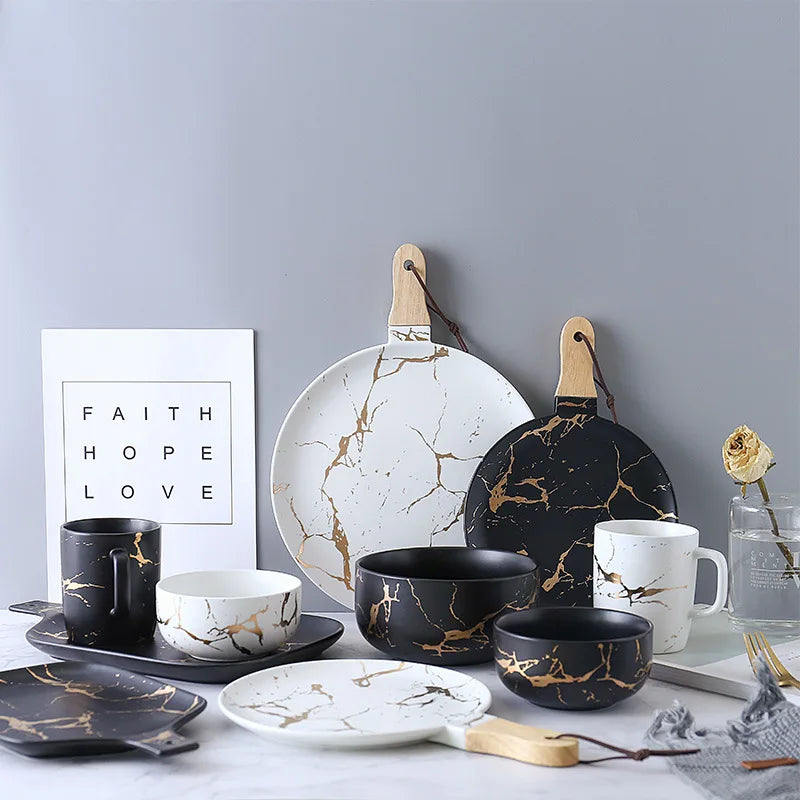 Fashional Black and White Marble Design Kitchen Tableware Made in China Dishes & Plates for Dinner