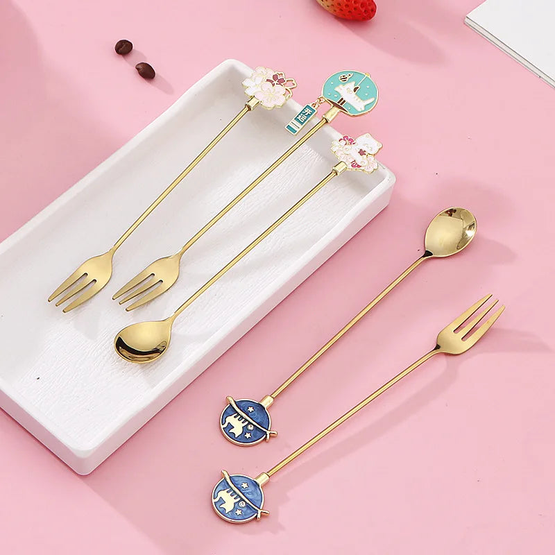 Stainless Steel Fork Spoon Stirring Spoon Fruit Fork McDonald's Stainless Steel Ice Cream Creative Coffee  Cutlery Set