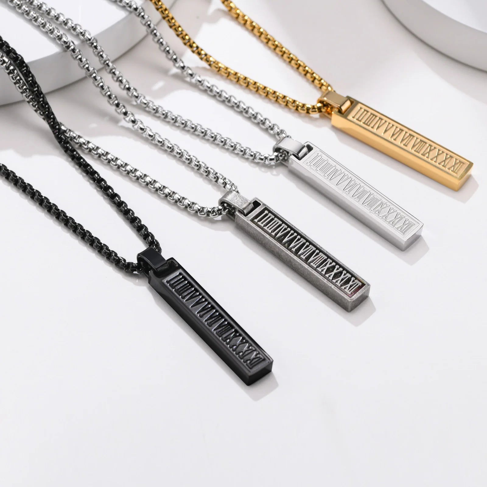 Unique Design New Fashion Simple Titanium Stainless Steel Strip Geometry Roman Numerals Pendant Necklace Men PN-1490