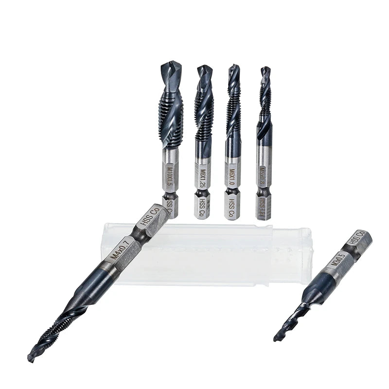 HSS-Co TiAlN Coated HRC89 Combination Drill Tap Bit Set M3-M10 1/4" Hex Shank Deburr Countersink Bits For304 Steel Drilling