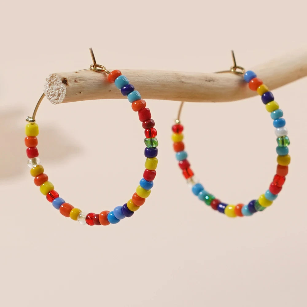 Go2boho Handmade Hoop Earrings with Colorful Seed Beads Mother's Day Gift Stainless Steel Flower-shaped Circle Jewelry for Women