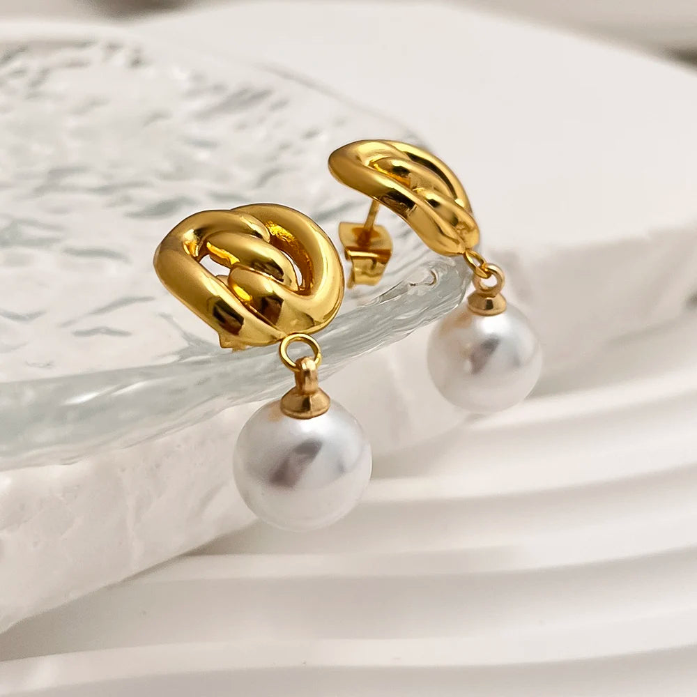 Gold Stainless Steel Elegant Vintage  Retro Pearl Dangle Earrings for Party Wear Pear Drop Earrings Jewelry for Women and Girls