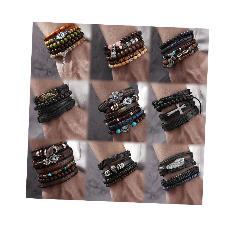 Trending Vintage Style Beaded Cross Eyes Leather Bracelet Set for Women Men Jewelry Wholesale