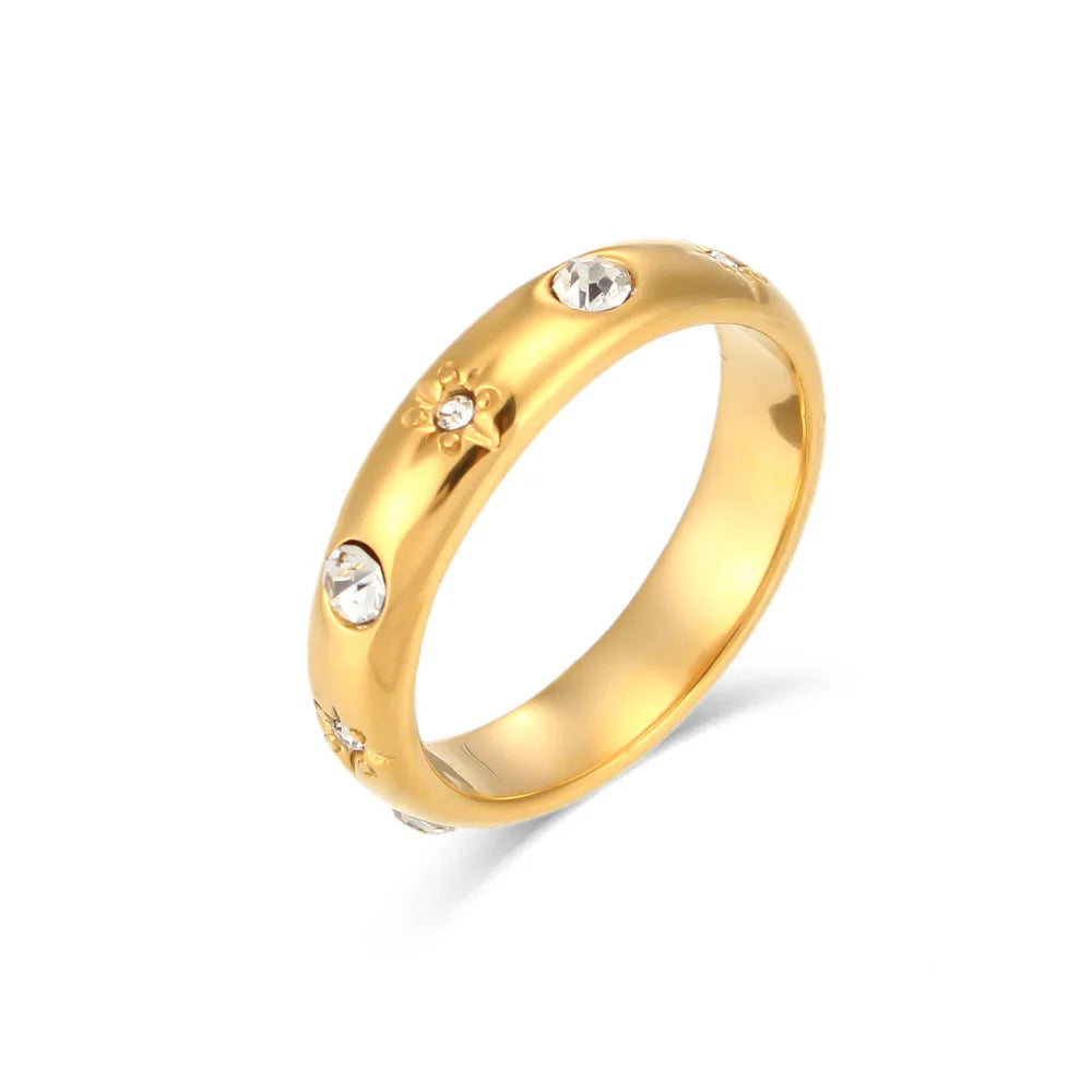 INS Style Fashion Inlay Zircon Flower Ring Light Luxury Temperament Waterproof Stainless Steel Plated 18K Gold Ring Jewelry