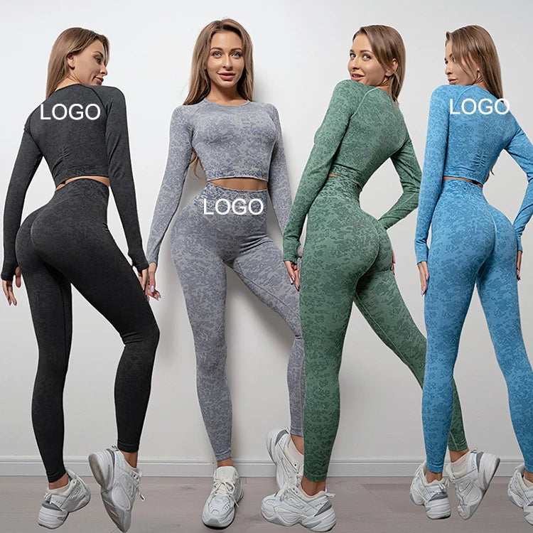 2PCS Seamless Activewear Fitness Clothing Workout Outfit Gym Suit Long Sleeves Yoga Set for Women