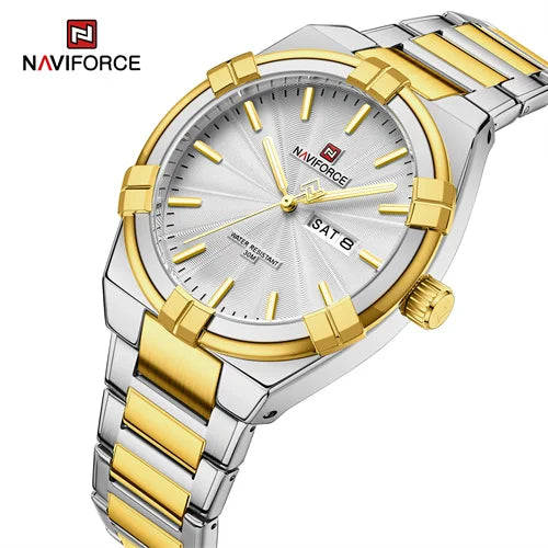 NAVIFORCE 9218 GW Golden Luxury Business Chronograph Stainless Steel Quartz Men Wrist Watches Waterproof Luminous Hands Male