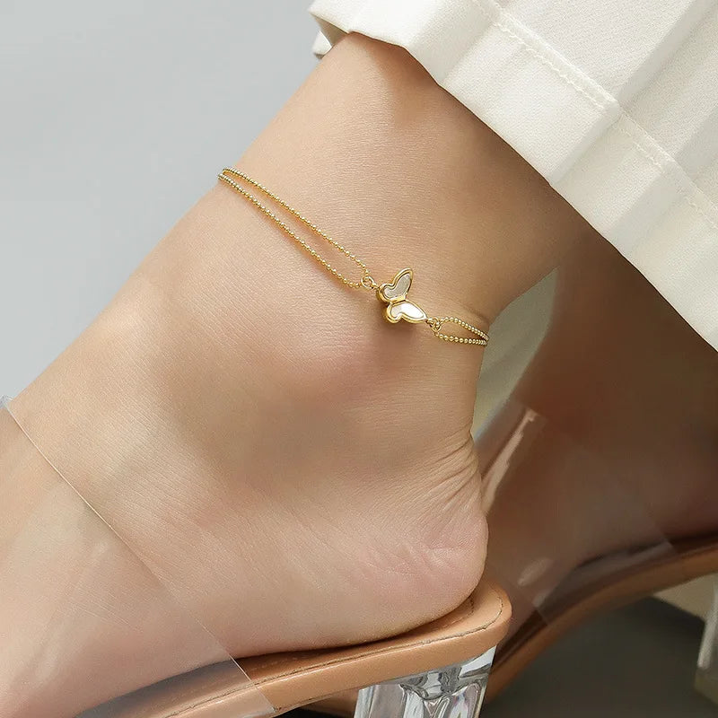 Women Gold Plated Non Tarnish Titanium Steel Foot Jewelry White Sea Shell Butterfly Charm Anklets Best Gifts for Girls