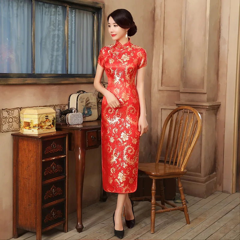 C0139 Performance Dress Long Cheongsam Brocade Retro Slim-fit Chinese Style Improved Skirt