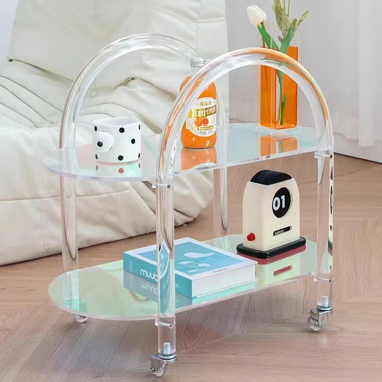 Modern Transparent Acrylic Flower Drawer Trolley Side Table with Removable Rack and Wheels for Bedroom or Living Room Furniture