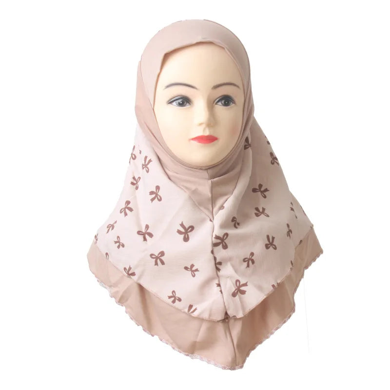 7-to 12-year-old Girls Hat With Crystal Hemp Double Print Headscarf