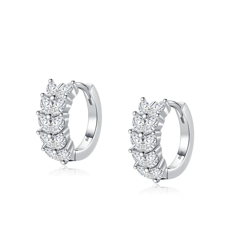 Hot Selling Sparkling Zircon Earrings Real 925 Silver Jewelry Rhodium Plated Leaf Shape Hoop Earrings