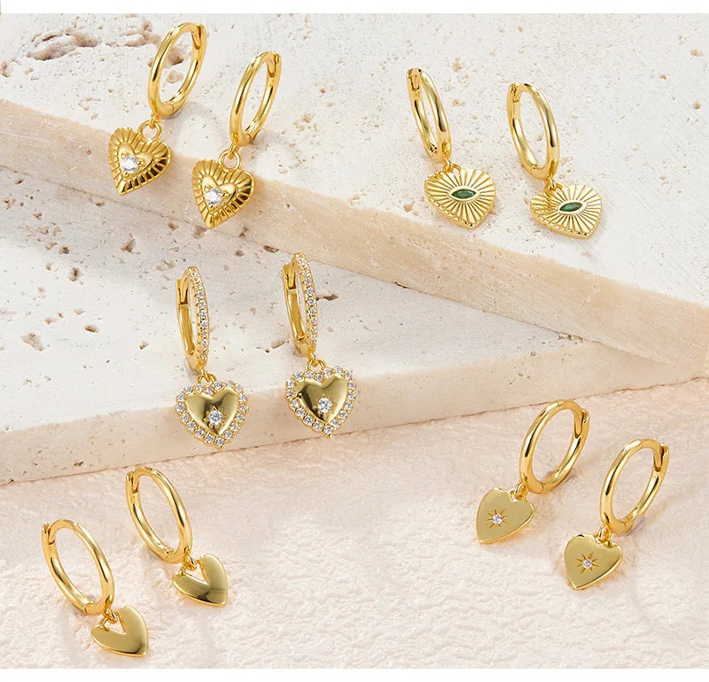 Vintage Zircon Drop Huggie Gold Plated Heart Charm love Jewelry Elegant Sterling Silver 925 Heart Huggie Earrings for Women